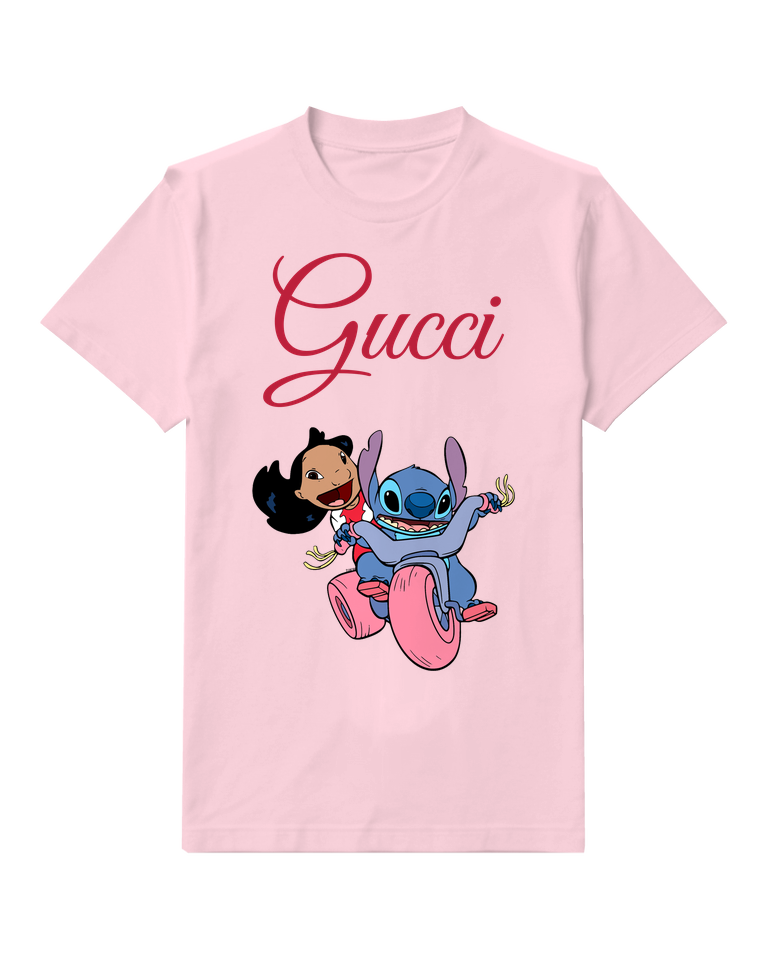 Blush Pink Stitch And Lilo On Pink Tricycle Graphic T-Shirt - front product view