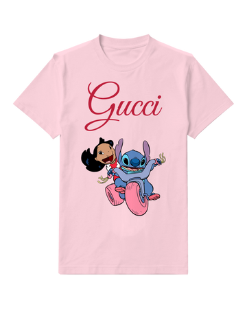 Blush Pink Stitch And Lilo On Pink Tricycle Graphic T-Shirt - front product view