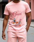 Blush Pink Donald And Daisy Holding Pizza Graphic T-Shirt - model wearing view