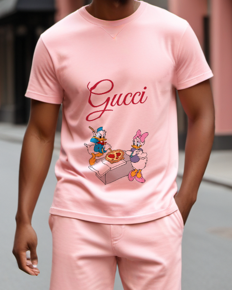 Blush Pink Donald And Daisy Holding Pizza Graphic T-Shirt - model wearing view