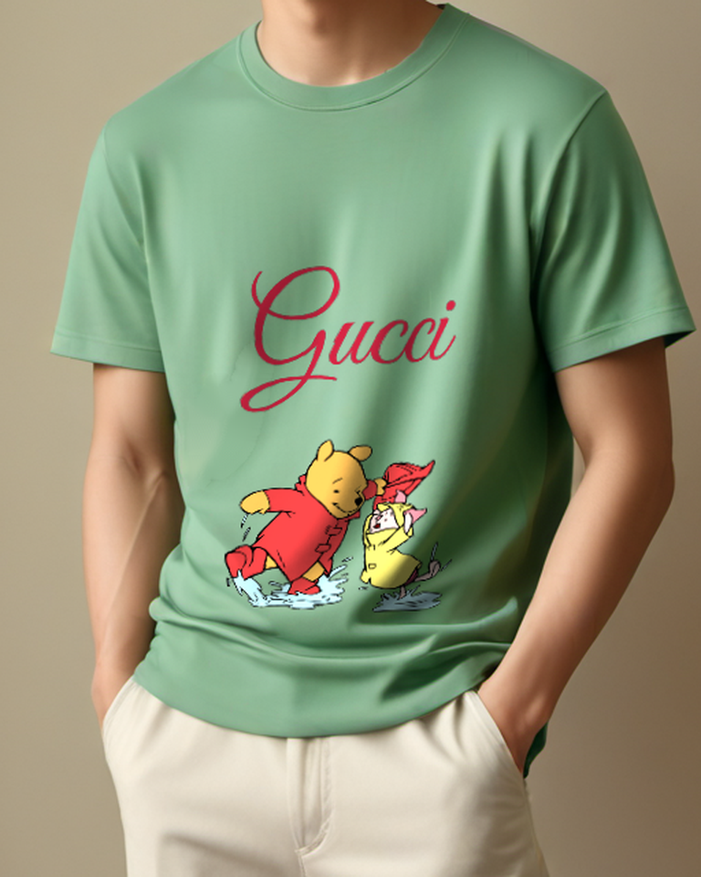 Sage Green Pooh And Piglet In Puddle Splash Graphic T-Shirt - model wearing view