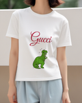 White Green Dinosaur Music Notes Graphic T-Shirt - model wearing view