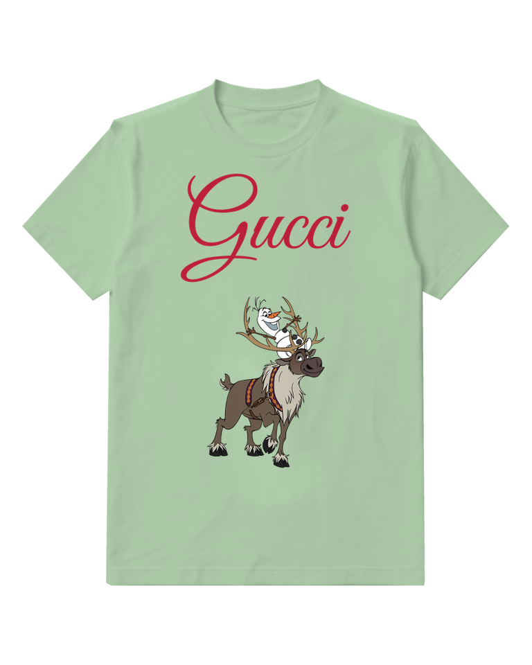 Sage Green Olaf Atop Sven Smiling Reindeer Standing Graphic T-Shirt - front product view