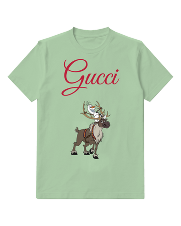 Sage Green Olaf Atop Sven Smiling Reindeer Standing Graphic T-Shirt - front product view