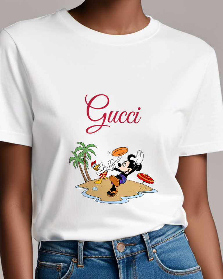 White Mickey Mouse Jumping Frisbee In Air Graphic T-Shirt - model wearing view