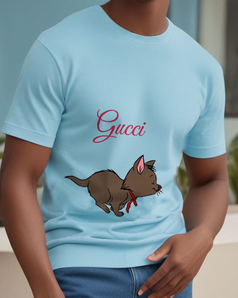 Sky Blue Brown Kitten Running Ribbon Graphic T-Shirt - front product view