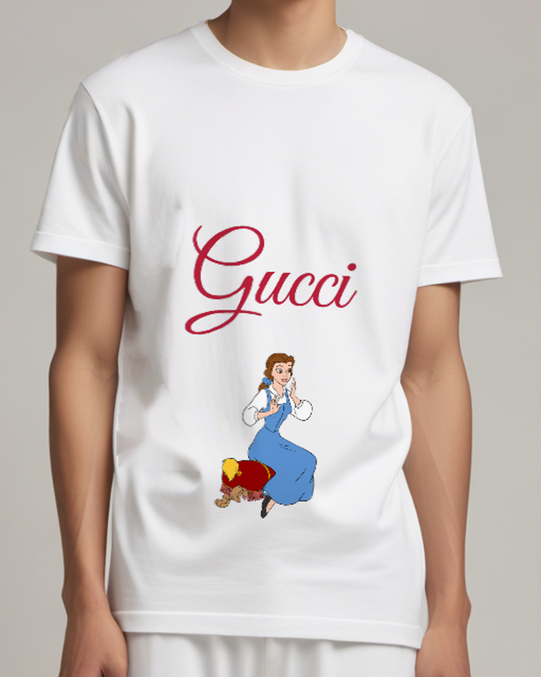 White Belle Kneeling Beside Footstool Graphic T-Shirt - model wearing view