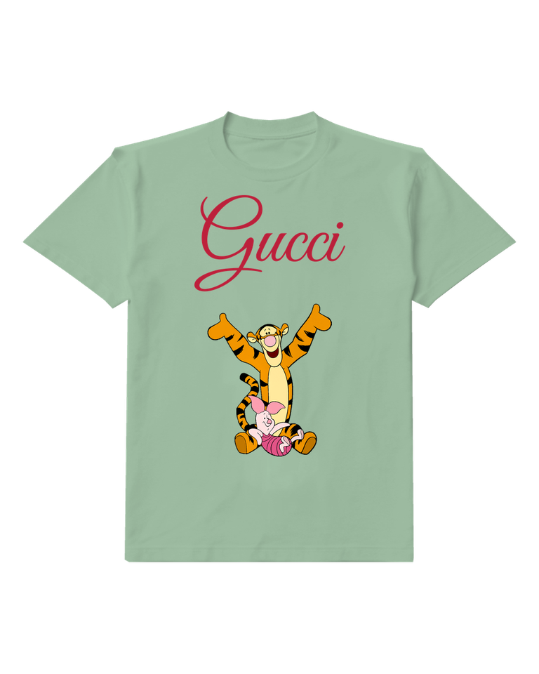 Sage Green Tigger And Piglet Joyful Embrace Graphic T-Shirt - front product view