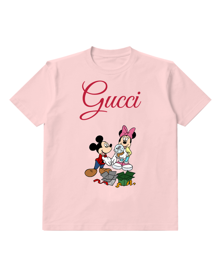 Blush Pink Mickey And Minnie Holding Snow Globe Graphic T-Shirt - front product view