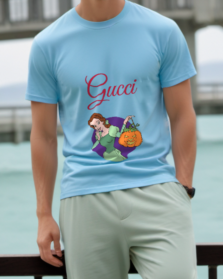 Sky Blue Belle Holding Pumpkin Lantern Graphic T-Shirt - model wearing view