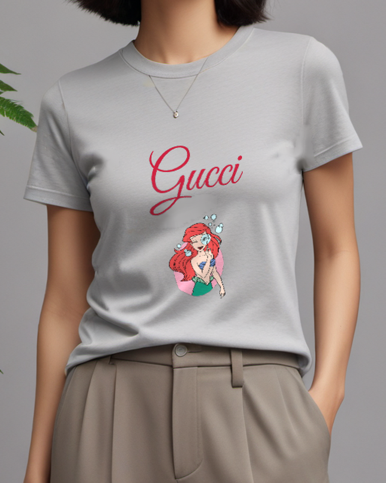 Light Gray Mermaid Holding Blue Ornament Graphic T-Shirt - model wearing view