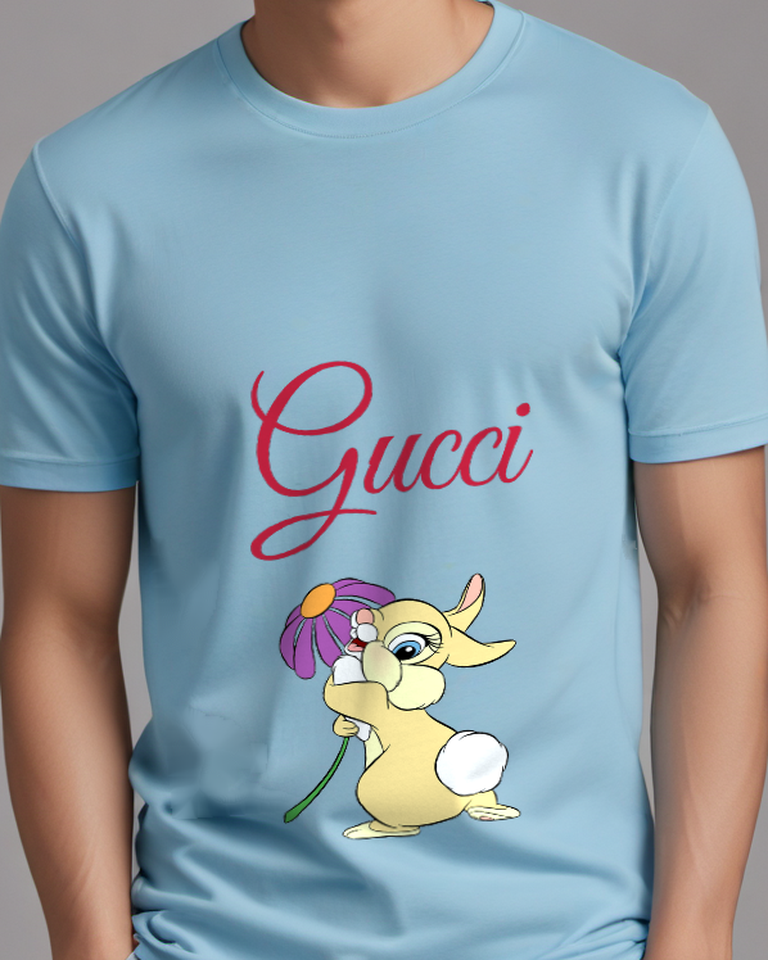 Sky Blue Rabbit Beneath Purple Flower Graphic T-Shirt - model wearing view