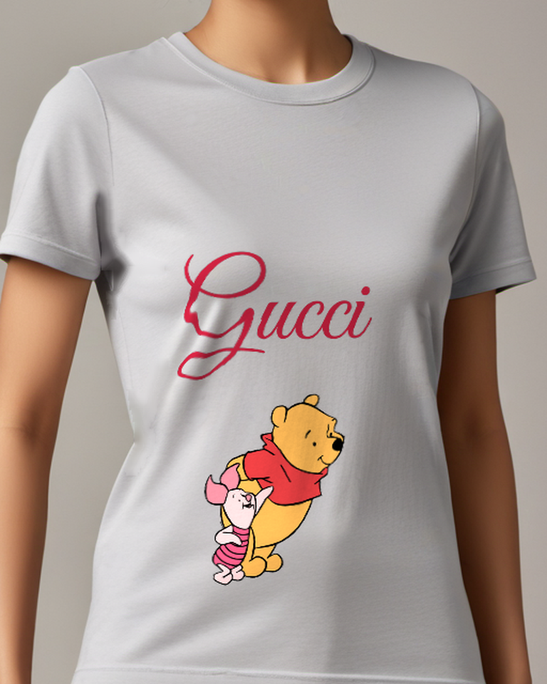Light Gray Winnie The Pooh Holding Piglet Graphic T-Shirt - model wearing view