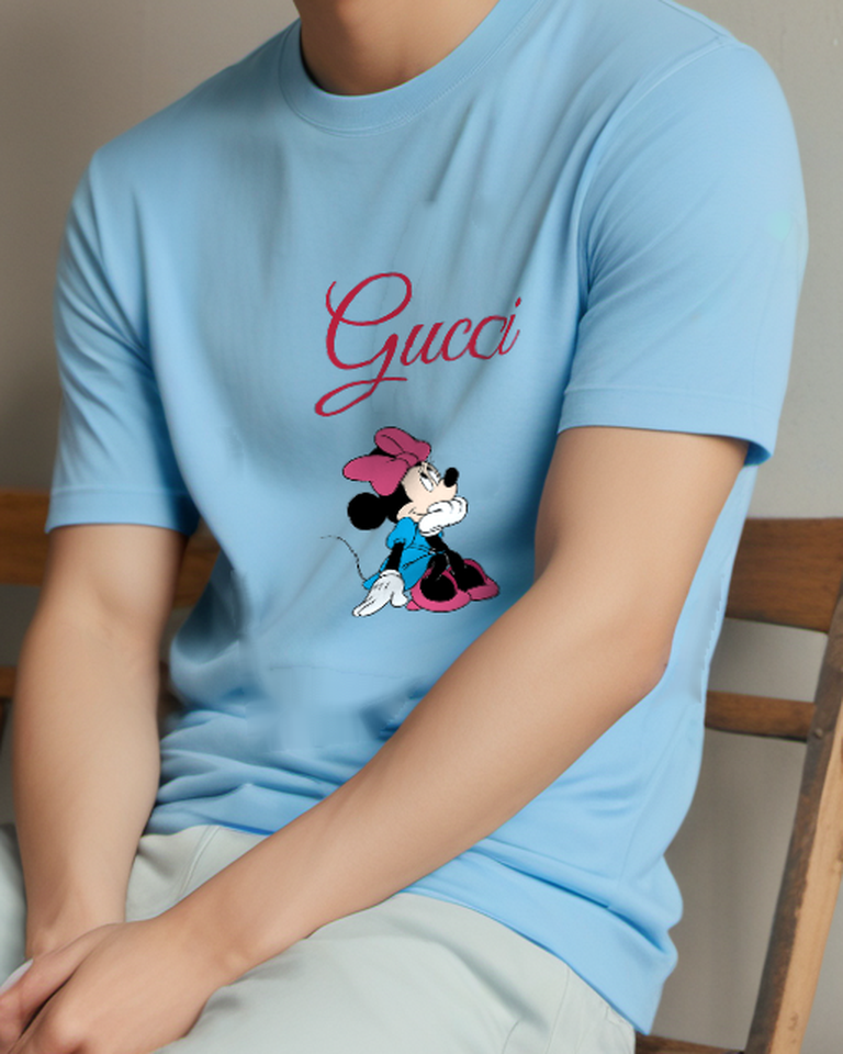 Sky Blue Mouse Seated Pink Hat Graphic T-Shirt - front product view