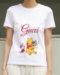 White Winnie The Pooh Holding Flowers Graphic T-Shirt - model wearing view