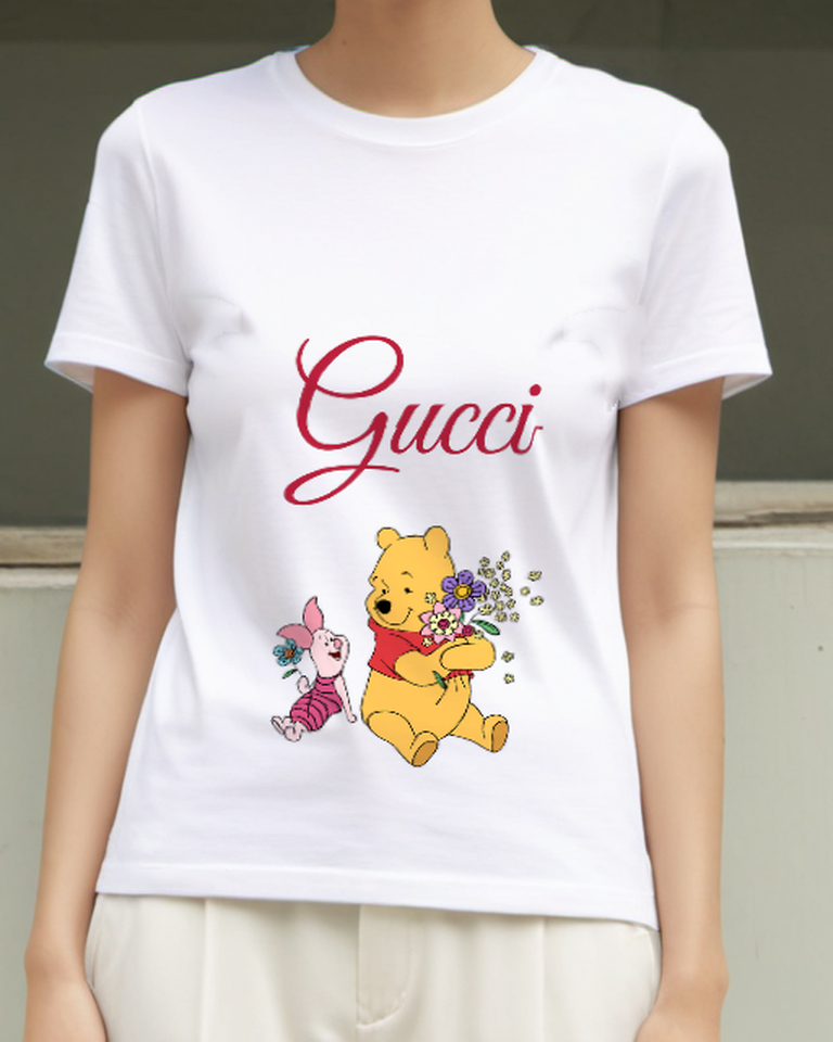 White Winnie The Pooh Holding Flowers Graphic T-Shirt - model wearing view