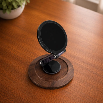 Multi-Joint Rotatable Magnetic Desktop Phone Mount, Round Wooden Base Fully Adjustable Hands-Free Device Support