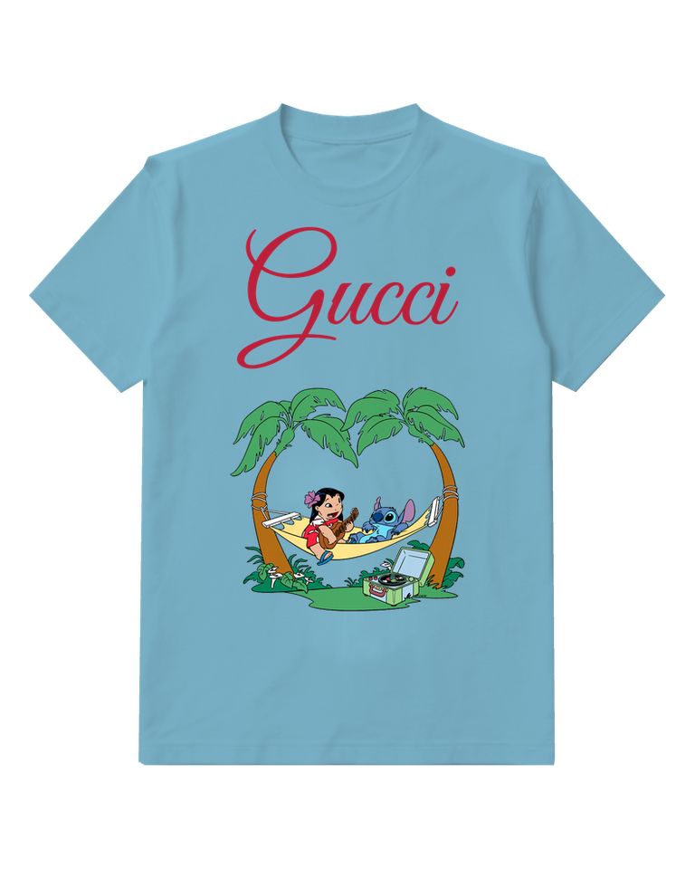 Dusty Blue Lilo And Stitch Relaxing In Hammock Graphic T-Shirt - front product view