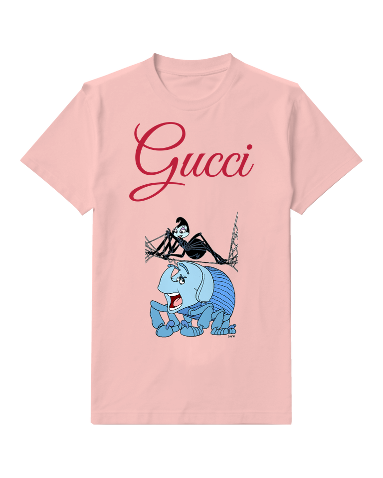 Blush Pink Black Insect Above Blue Caterpillar Graphic T-Shirt - front product view