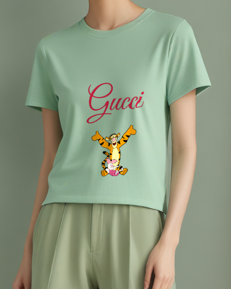 Sage Green Tigger And Piglet Joyful Embrace Graphic T-Shirt - model wearing view