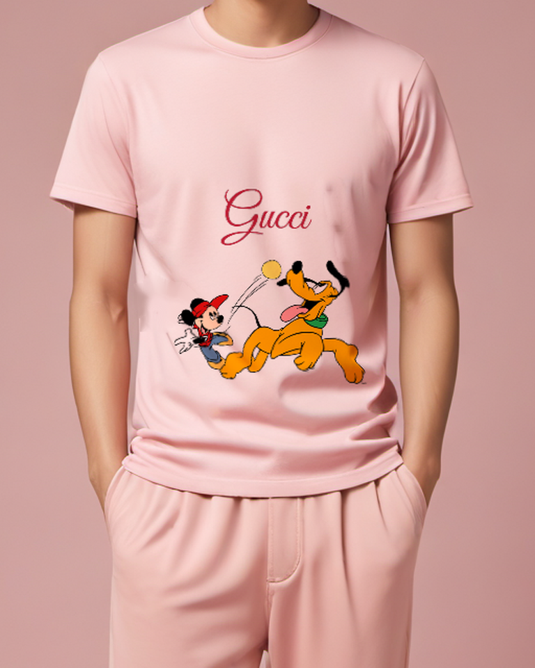 Blush Pink Mickey And Pluto Chasing A Ball Graphic T-Shirt - model wearing view