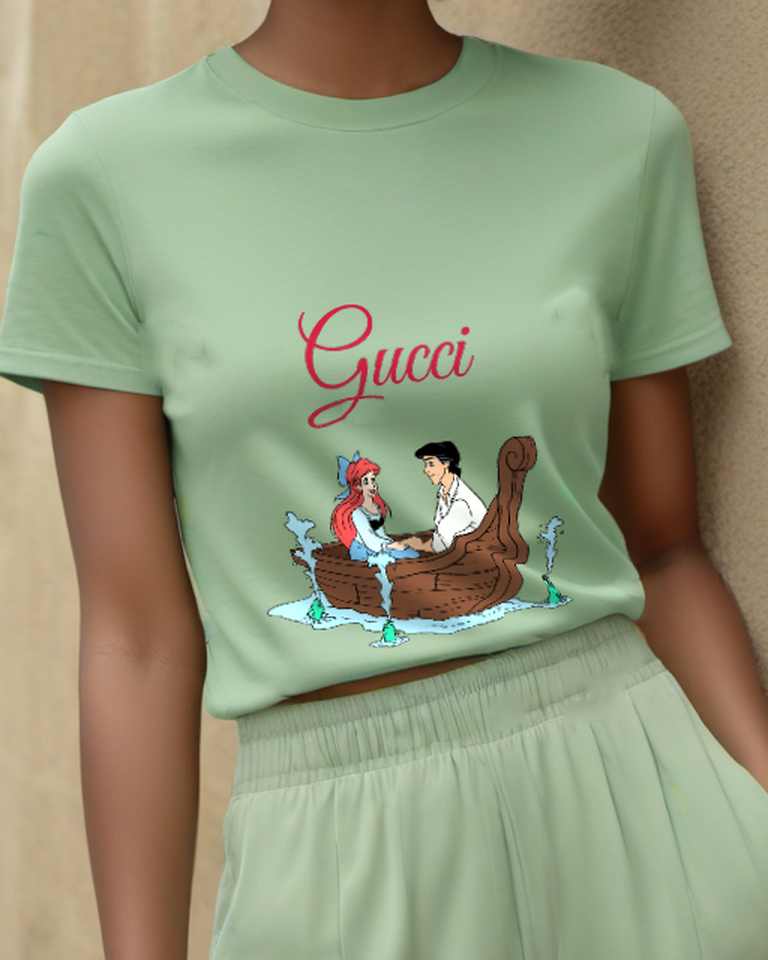 Sage Green Ariel And Eric In Boat Together Graphic T-Shirt - model wearing view