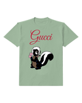 Sage Green Skunk Holding Pink Flowers Graphic T-Shirt - front product view