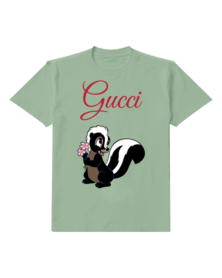 Sage Green Skunk Holding Pink Flowers Graphic T-Shirt - front product view