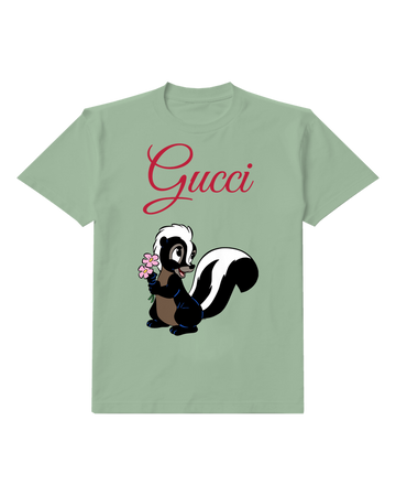 Sage Green Skunk Holding Pink Flowers Graphic T-Shirt - front product view