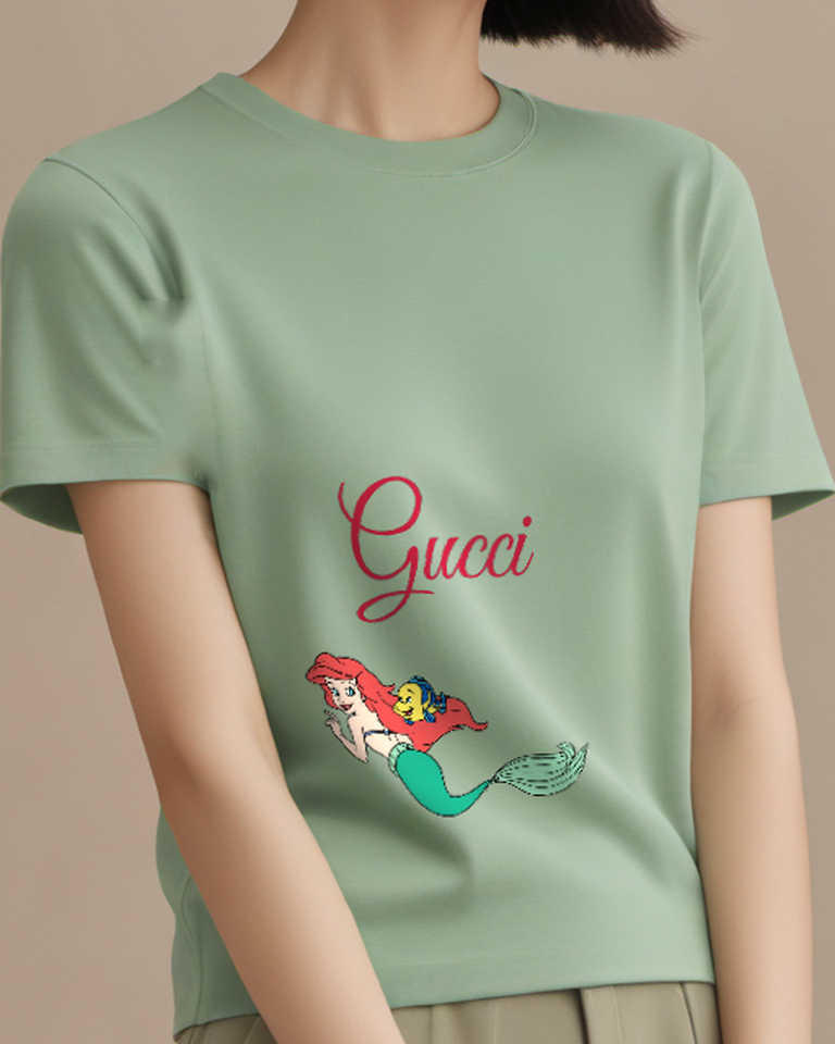 Sage Green Ariel Mermaid With Fish Companion Graphic T-Shirt - model wearing view