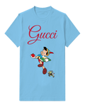 Sky Blue Pinocchio Running With Apple And Book Graphic T-Shirt - front product view