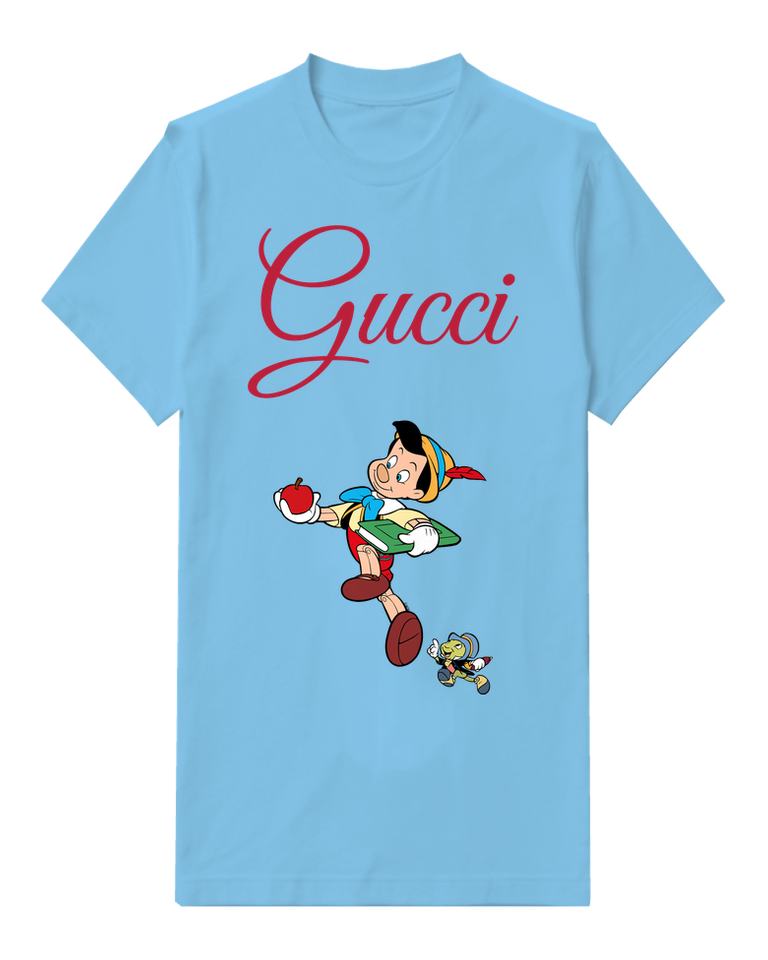 Sky Blue Pinocchio Running With Apple And Book Graphic T-Shirt - front product view