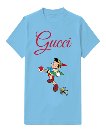 Sky Blue Pinocchio Running With Apple And Book Graphic T-Shirt - front product view