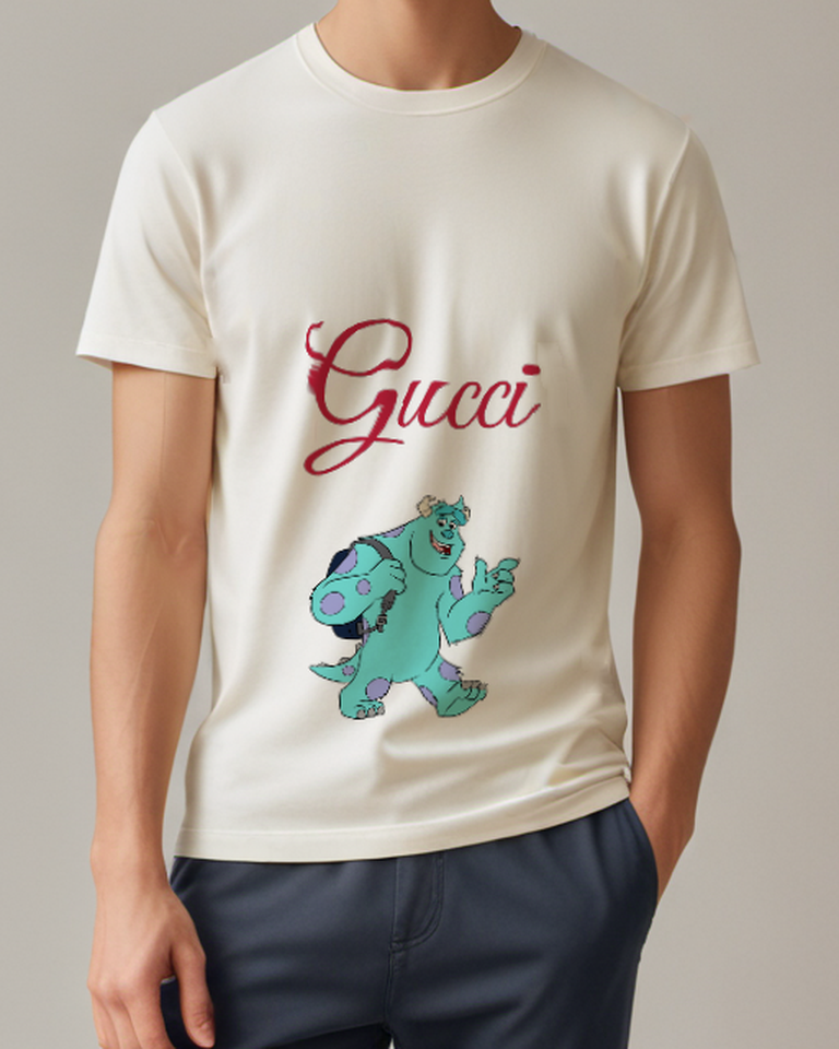 Ivory Blue Furry Monster Purple Spots Graphic T-Shirt - model wearing view