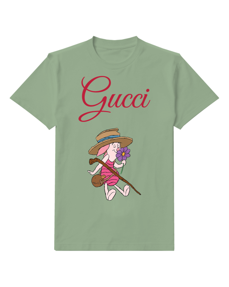 Sage Green Piglet Garden Hoe Graphic T-Shirt - front product view