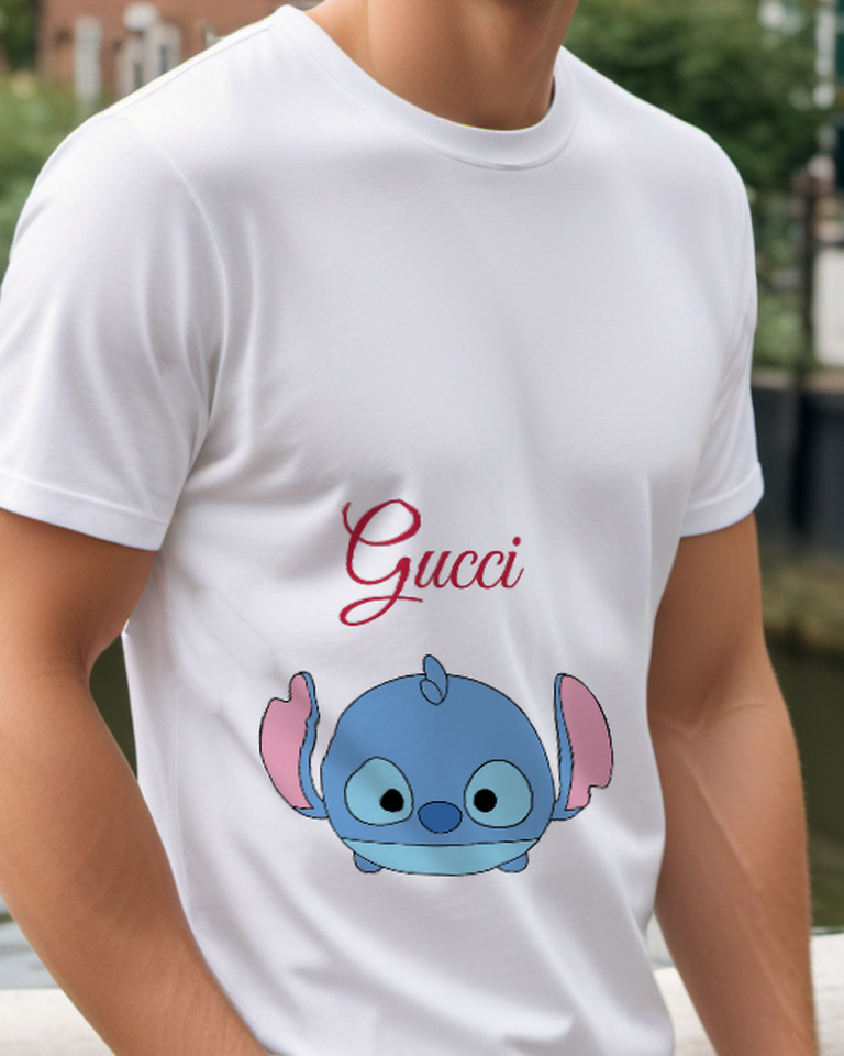 Pale Lavender Blue Creature Simple Face Graphic T-Shirt - model wearing view