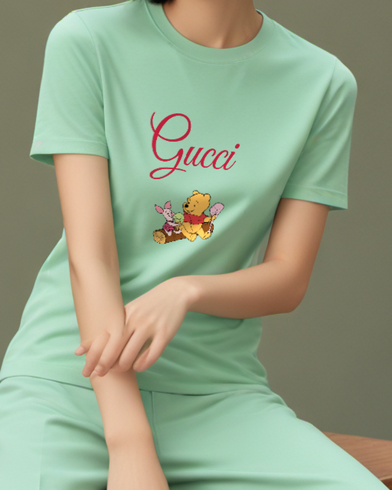 Sage Green Winnie The Pooh And Piglet Sharing Ice Cream Graphic T-Shirt - model wearing view