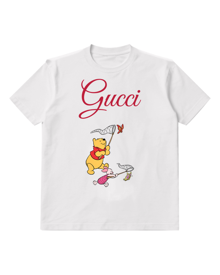 White Pooh And Piglet Chasing Butterflies Graphic T-Shirt - front product view