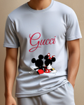 Pale Lavender Mickey And Minnie Sitting Back To Back Graphic T-Shirt - model wearing view