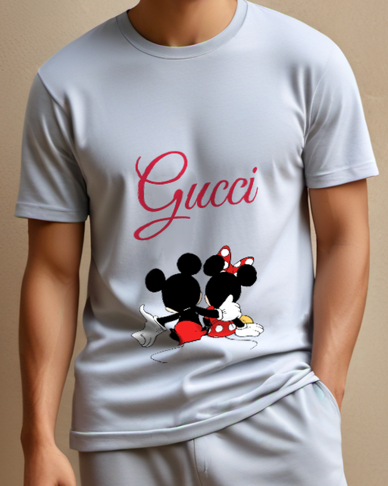 Pale Lavender Mickey And Minnie Sitting Back To Back Graphic T-Shirt - model wearing view