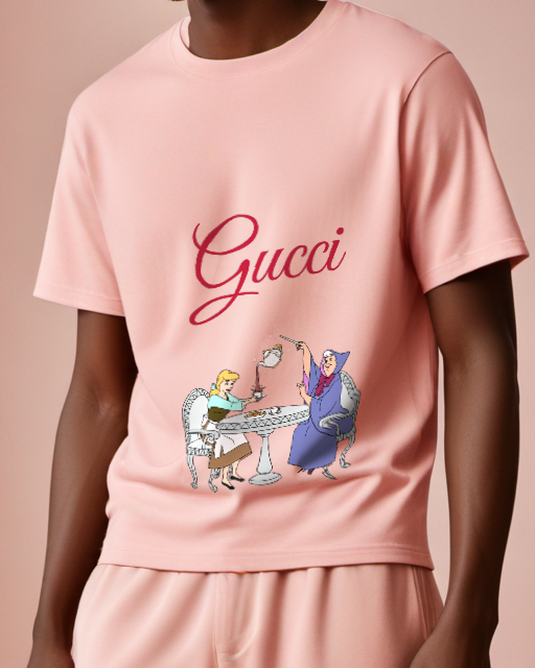 Blush Pink Fairy Godmother Pours Tea Graphic T-Shirt - model wearing view
