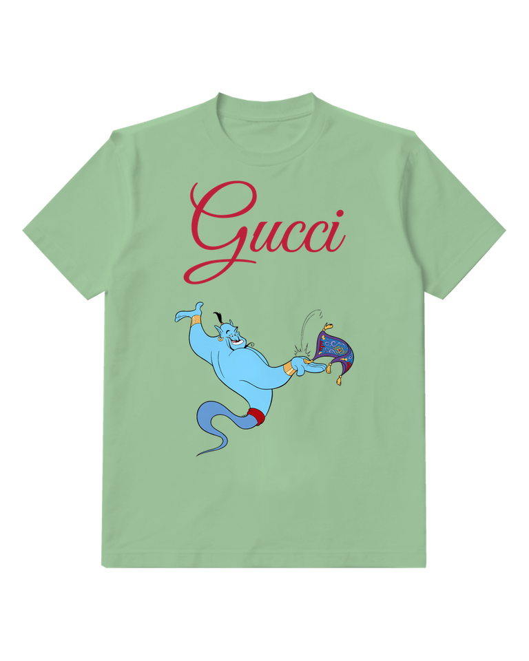Sage Green Blue Genie Leaps With Carpet Graphic T-Shirt - front product view