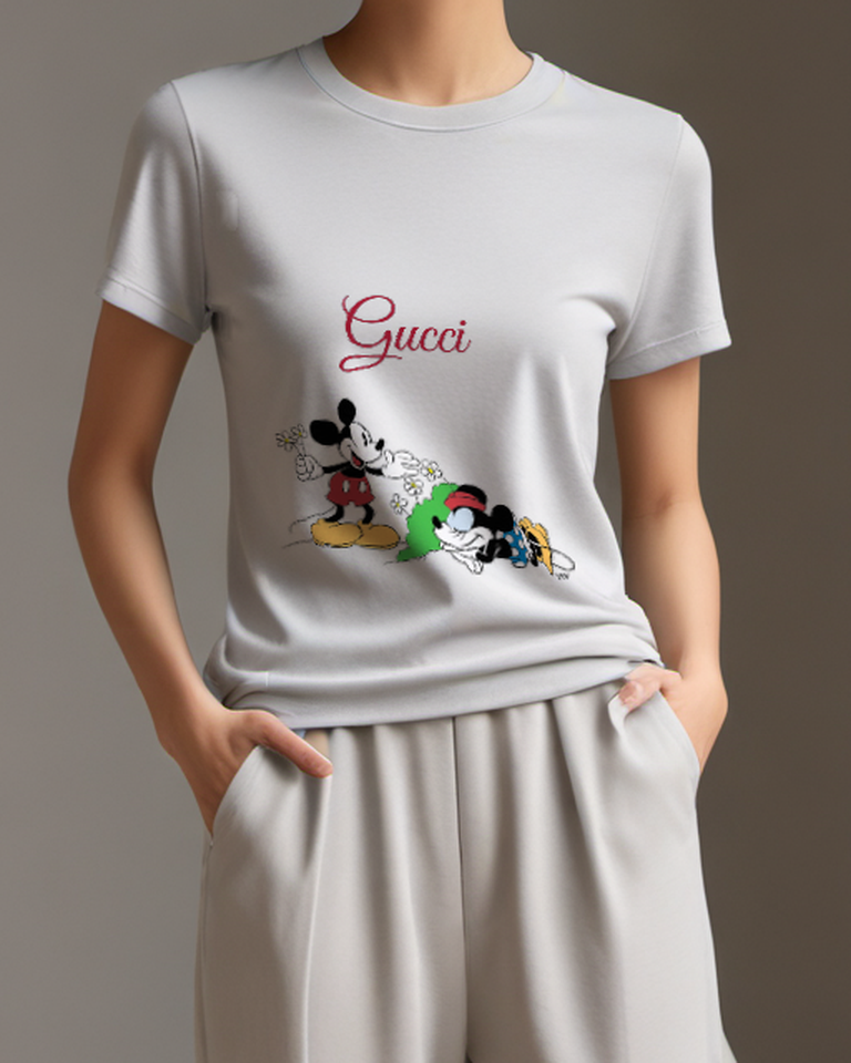 Light Gray Mickey Mouse Holding Flowers Graphic T-Shirt - model wearing view