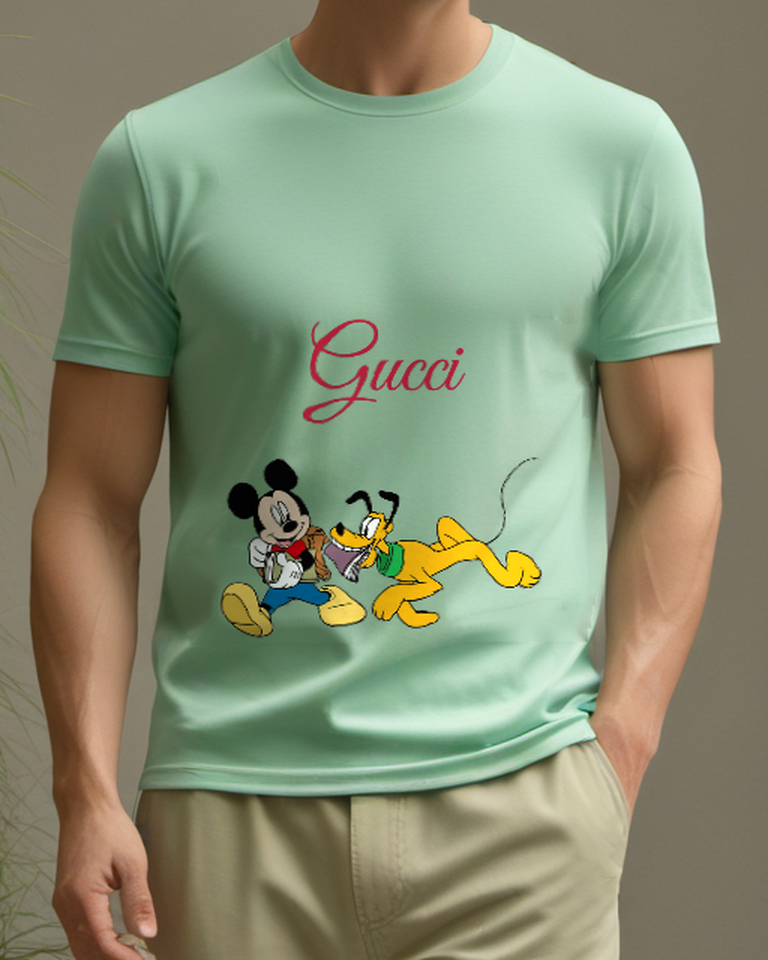 Sage Green Mickey And Pluto Running Together Graphic T-Shirt - model wearing view