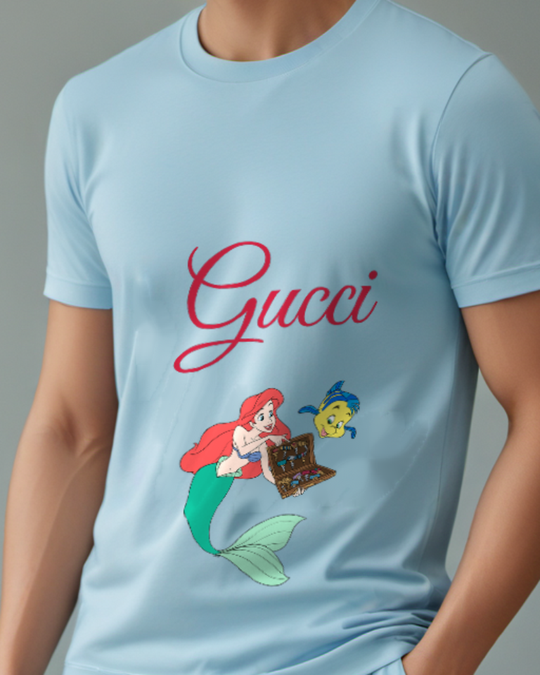 Sky Blue Ariel And Flounder Holding Treasure Chest Graphic T-Shirt - model wearing view