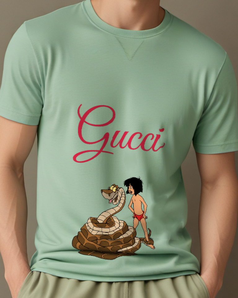 Sage Green Mowgli Stands Beside Coiled Snake Graphic T-Shirt - model wearing view