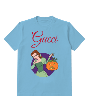 Sky Blue Belle Holding Pumpkin Lantern Graphic T-Shirt - front product view