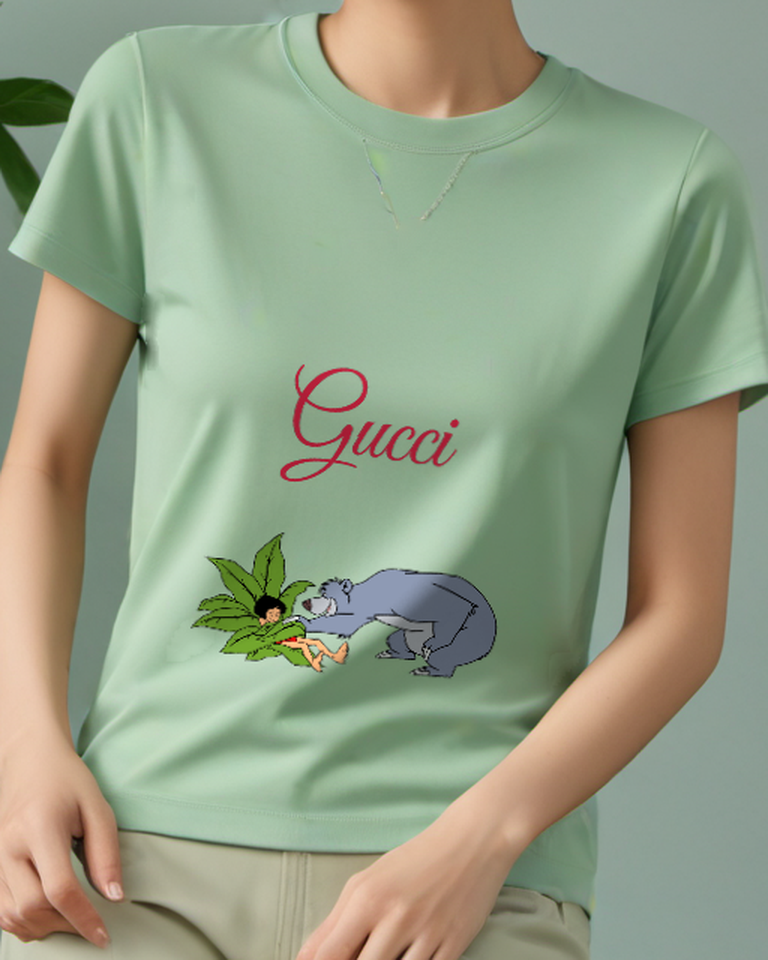 Sage Green Baloo And Mowgli In Leafy Hide Graphic T-Shirt - model wearing view