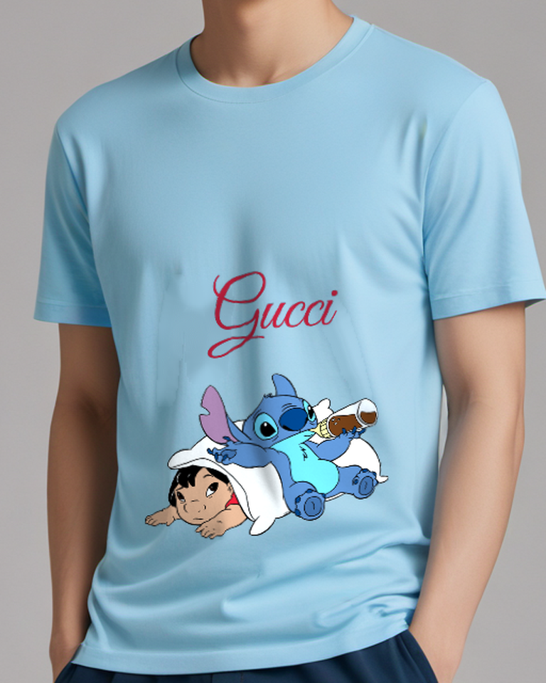 Sky Blue Stitch And Lilo Playful Cuddling Graphic T-Shirt - model wearing view