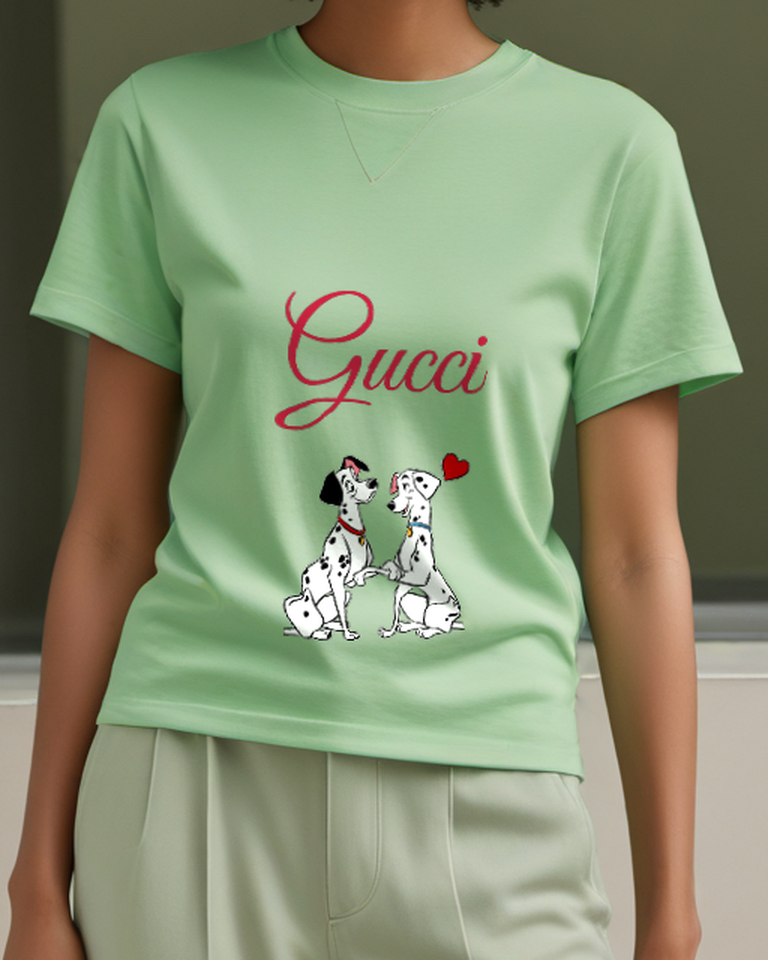 Sage Green Dalmatian Couple Holding Paws Graphic T-Shirt - model wearing view